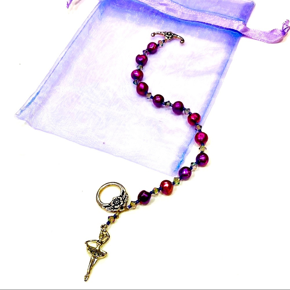 Purple Ballerina Handmade Nutcracker Christmas Dancer Pearl Bracelet